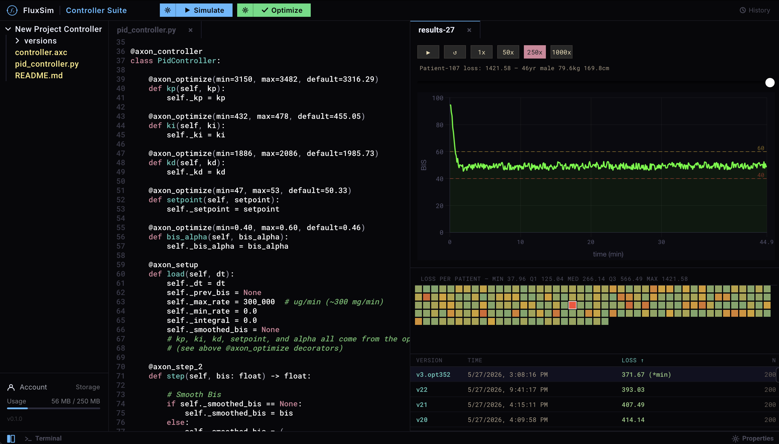 FluxSim Studio — controller code editor with BIS trace replay, per-patient loss heatmap, and run history