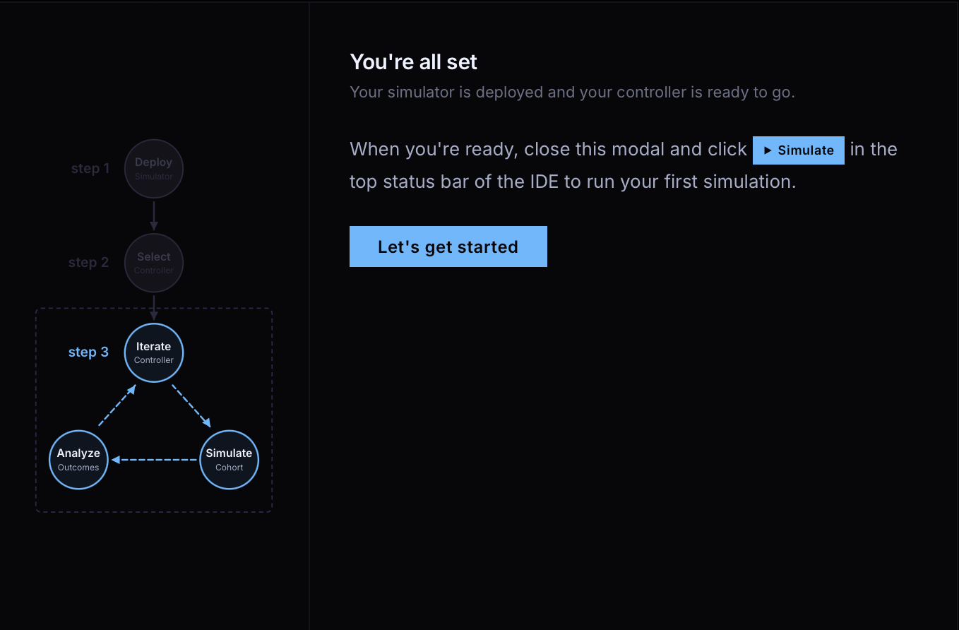 Step 3 of the setup modal - ready to run your first simulation